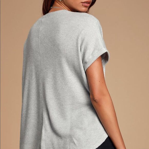 Lulus Short Sleeve Sweater Top Gray Boxy True Story Light Blue V-Neck size Small - Picture 5 of 11